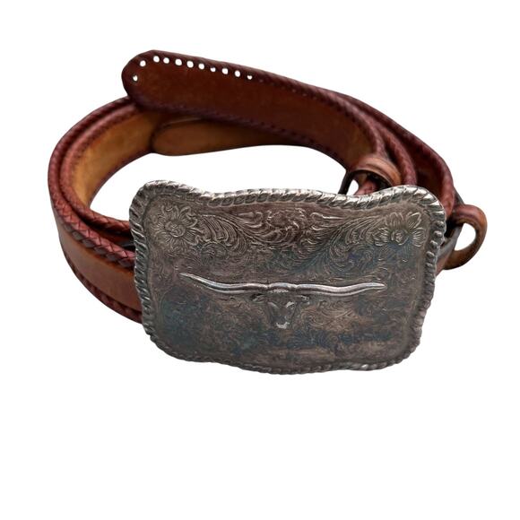 Resistol Leather Belt With Silvertone Longhorn Buckle Sz 42 Western Cowboy Texas - Picture 2 of 7